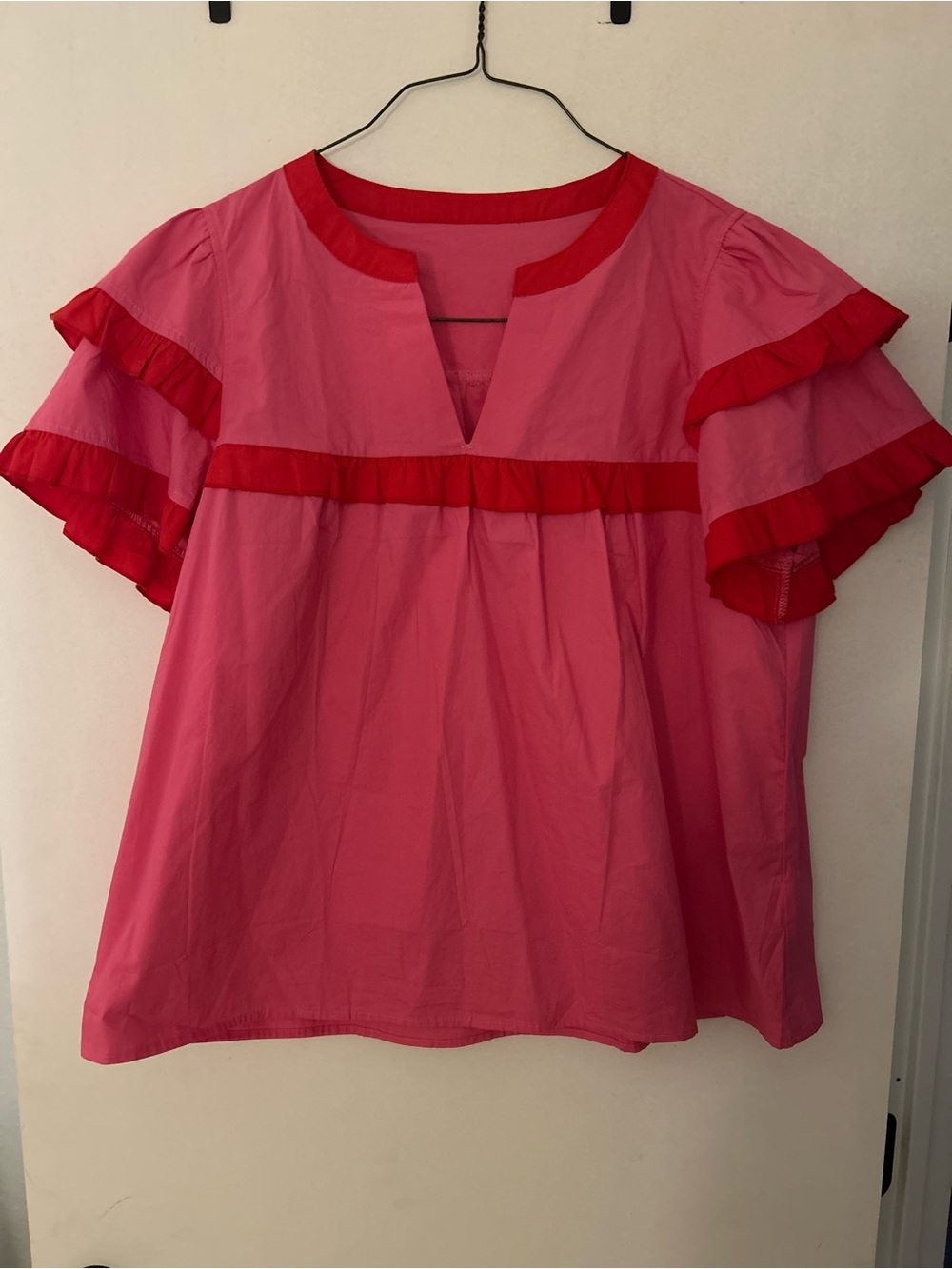 Amazon Pink and Red Ruffle Sleeve Blouse